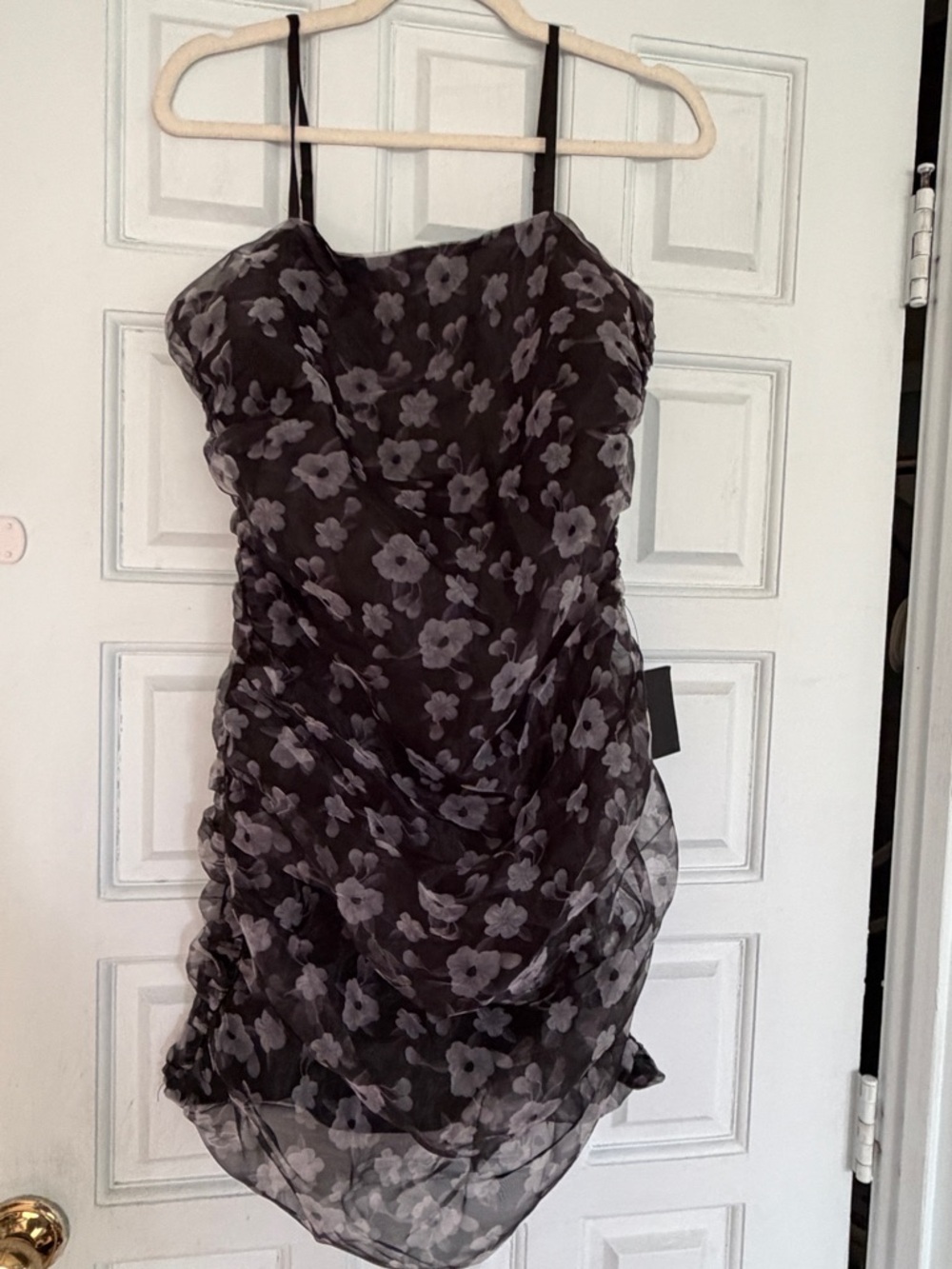 Lulu's Black Floral Sheer Ruched Spaghetti Strap Mini Dress